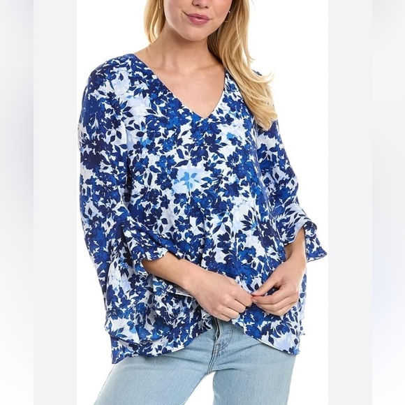 Vince Camuto Flutter Sleeve V-Neck Layered Navy White Leaves Womens Oversized XS - Picture 1 of 16